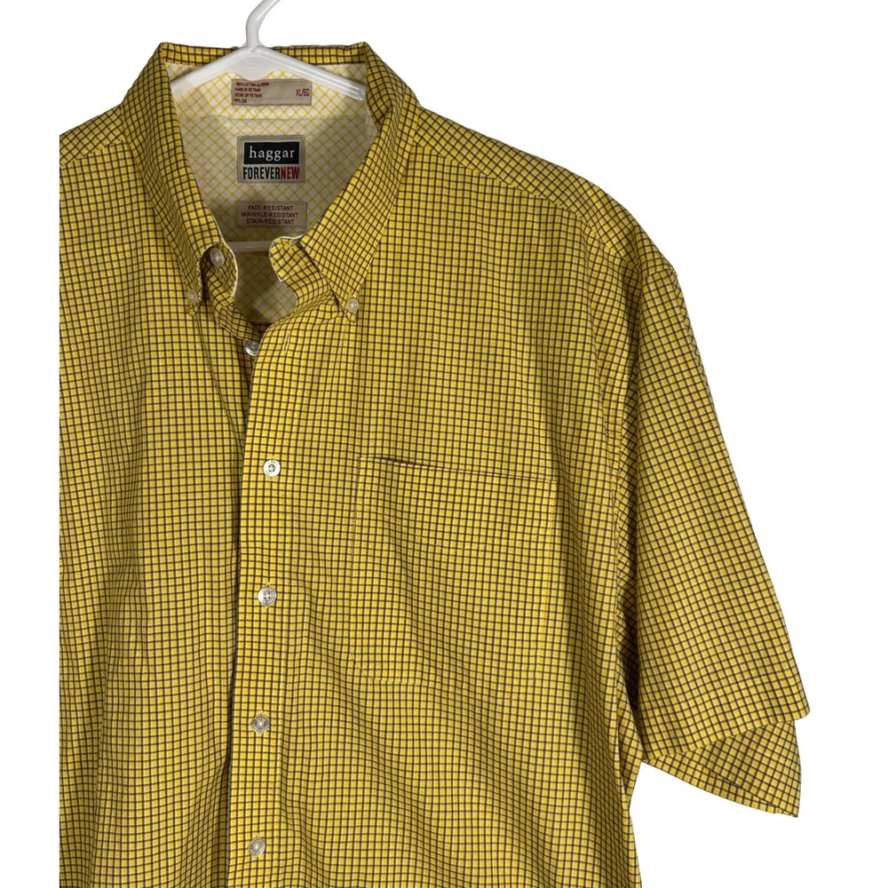 Haggar ForeverNew Mens XL Short Sleeve Button Down Yellow Micro Check Cotton